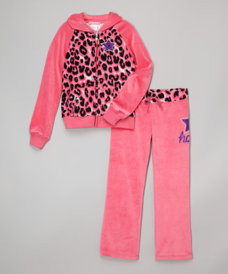 Rose Leopard Velour Zip-Up Hoodie & Pants - Girls