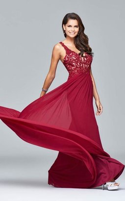 Faviana 8000 Long mesh v-neck dress with lace applique