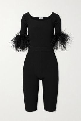Saint Laurent Feather-trimmed Stretch-knit Playsuit - Black