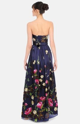 Kay Unger Floral Pleated Silk Strapless Gown