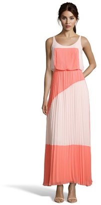 Vince Camuto pale peach and coral pleated colorblock maxi dress