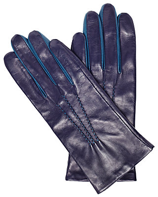 John Lewis 7733 John Lewis Leather Two Tone Gloves, Navy/Teal