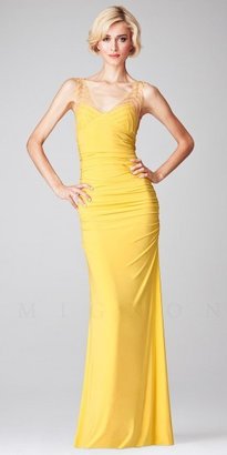 Mignon Beaded Illusion Strap Ruched Long Evening Dresses