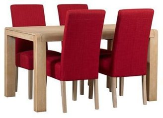 Debenhams Washed oak 'Palma' large extending table and set of 4 red fabric upholstered chairs