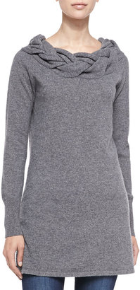 Sofia Cashmere Braided-Neck Cashmere Sweater, Grey