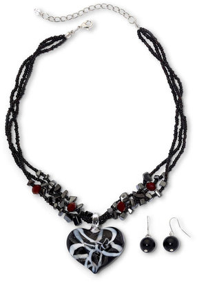 JCPenney Mixit Black Swirl Glass Heart Pendant Necklace and Drop Earrings Boxed Set