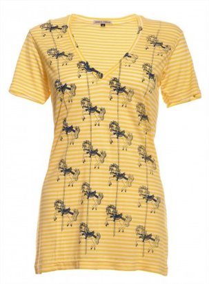 Young British Designers V-Neck Tee with Yellow Stripes & Horses by Simeon Farrar