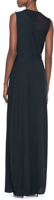 Halston Sleeveless Sheer Contrast Ruched Gown