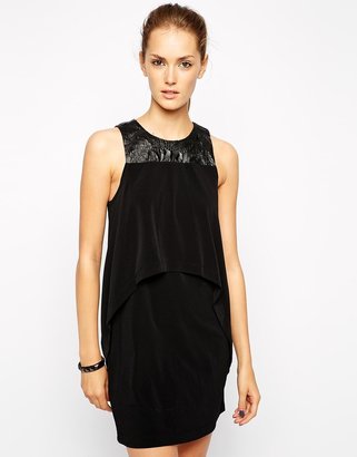 BCBGeneration Dress with Double Layer and Floral Panel - Black