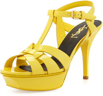 Saint Laurent Tribute Mid-Heel Patent Platform Sandal, Yellow