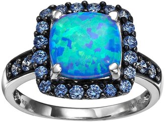 Sterling silver simulated blue opal & blue cubic zirconia square halo ring