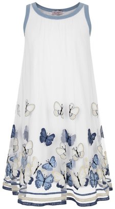 MonnaLisa Girls White & Blue Embroidered Butterfly Tulle Dress