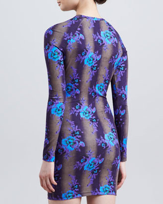 Christopher Kane Floral-Print Long-Sleeve Stretch Minidress, Purple