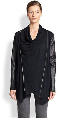 Yigal Azrouel Leather-Sleeve Jersey Cardigan