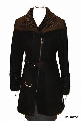 GUESS Wool coat asymmetrical zipper black Faux Fur Trim Belted Coat new