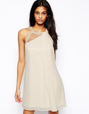 Little Mistress Shift Dress with Embellished Neck and Pleat Front - cream