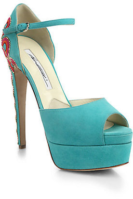 Brian Atwood Simi Embroidered-Heel Suede Platform Sandals
