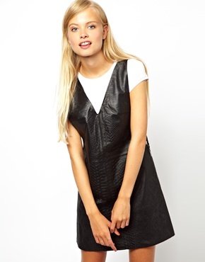 ASOS Leather Shift Dress In Croc Texture - Black