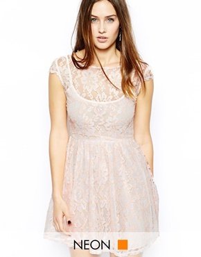Motel Bumble Bee Lace Skater Dress with Neon Highlights - wolacefe