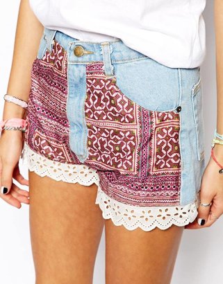 Your Eyes Lie High Waisted Denim Shorts With Festival Fabric