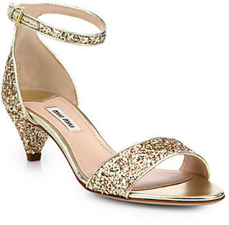 Miu Miu Jeweled Glitter Kitten-Heeled Sandals