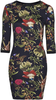 Topshop Stretchy-fit bodycon dress in all-over fantasy garden print. team it with ankle boots