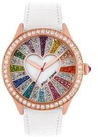 Betsey Johnson Rose Gold Tone Multi Colour Stone Set Dial And Stone Set Bezel, White Patent Leather Strap Ladies Watch