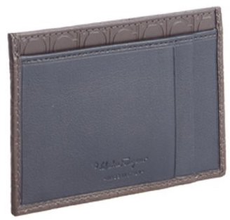 Ferragamo brown and navy gancio embossed leather card slot wallet