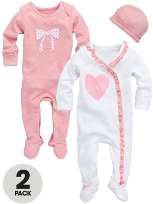 Ladybird Baby Girls Love Heart Sleepsuits with Hat (2 Pack)