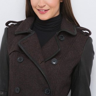 Laura Clement Tweed Mid-Length Belted Trench Coat with Leather Sleeves
