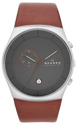 Skagen Men's Silver-Tone & Leather Chronograph Watch