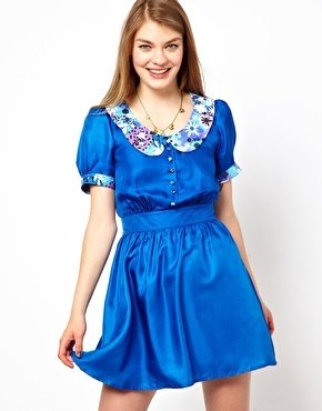 Lowie Silk Skater Dress with 70s Floral Collar - cobaltblue