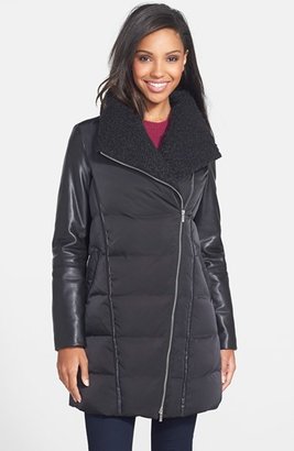 Vera Wang Faux Leather Sleeve Asymmetrical Down Coat (Online Only)