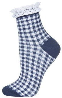 Topshop Womens Gingham Lace Trim Ankle Socks - Navy Blue