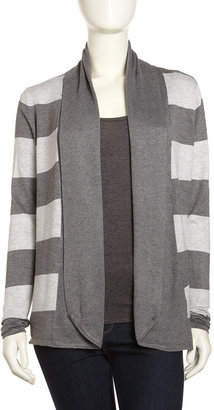 Neiman Marcus Striped Open-Front Cardigan, Charcoal/Light Heather Gray