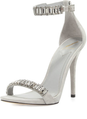 Brian Atwood Ciara Jeweled Suede Sandal, Gray