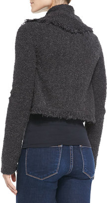 Fuzzi Cropped Open-Front Cardigan with Fringe Trim, Gray