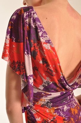 T-Bags Flutter Sleeve U-Neck Top with Drape Back in Purple Print