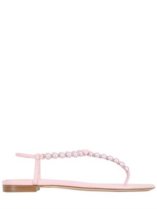 Rene Caovilla 10mm Pearls Bow Leather Sandals