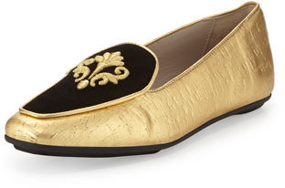 Jacques Levine Quinn Painted-Cork Emblem Loafer, Gold/Black