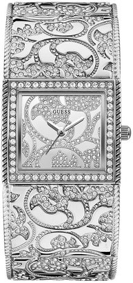 GUESS Watch, Women's Crystal Filigree Silver-Tone Bangle Bracelet 23x27mm U0256L1