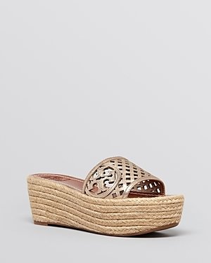 Tory Burch Platform Wedge Espadrille Sandals - Thatched Perforated