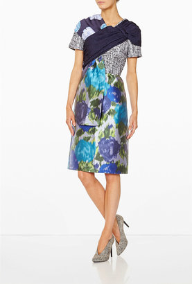 Michael Van Der Ham Blue Floral Over The Shoulder Wrap Dress