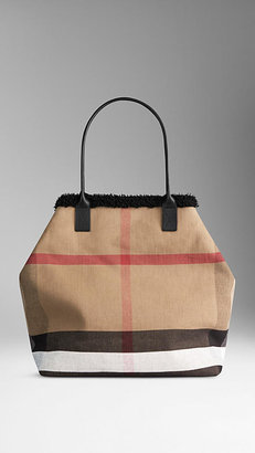 Burberry Medium Shearling-Lined Canvas Check Tote Bag
