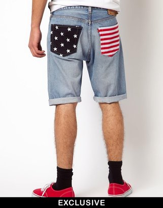 Reclaimed Vintage Shorts with American Flag Pockets - Blue