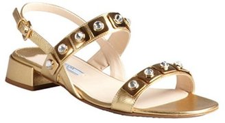 Prada gold crosshatched leather crystal embellished slingback sandals