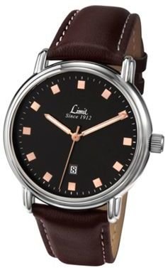 Limit Men's silver coloured dark brown strap watch.