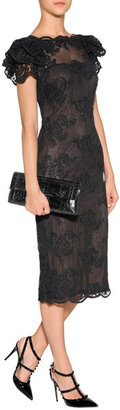 Marchesa Lace Cocktail Dress with Ruffle Sleeves in Black