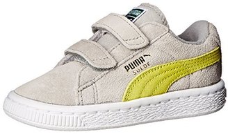 Puma Suede 2 straps Sneaker (Infant/Toddler/Little Kid),Limestone Gray/Sulphur Spring/Team Gold,4 M US Toddler