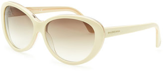 Balenciaga Oval Cat-Eye Sunglasses, Ivory/Crystal